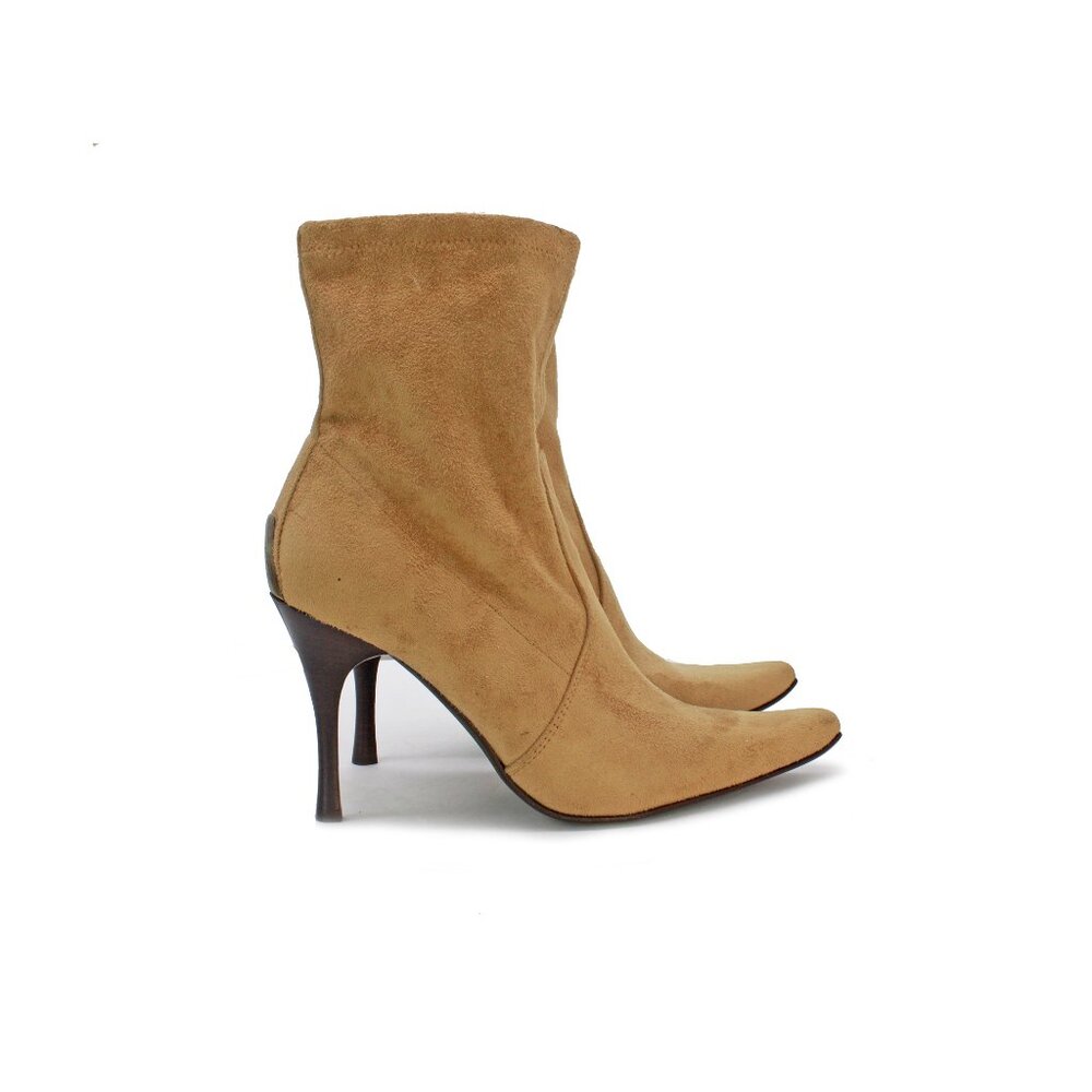 DONALD J PLINER Brown Suede Signature Silver Heel Plate Ankle Boots: Size 8 M